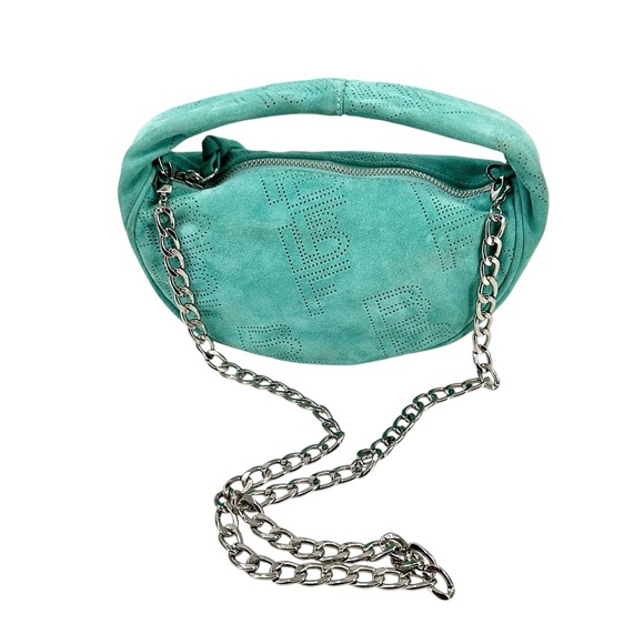 BY FAR Baby Cush Bag - Teal Perforated Suede Leather Chain Strap Shoulder Bag - Picture 10 of 13